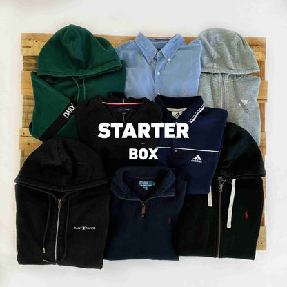 Starter Box | Vintagebulk met een gevarieerde selectie van acht vintage tops zoals hoodies en overhemden van topmerken, gericht op duurzame kleding in bulkverkoop.