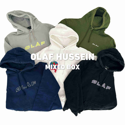 Olaf Hussein Box | Vintagebulk met zes kleurrijke hoodies verspreid op een witte achtergrond, perfect voor liefhebbers van merk vintage kleding.