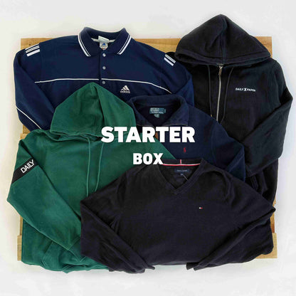 Starter Box | Vintagebulk met zes vintage kledingstukken waaronder hoodies, truien en een polo van merken zoals Ralph Lauren en Adidas, perfect voor kledingretailers.