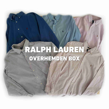 Zes vintage Ralph Lauren overhemden in diverse kleuren en patronen uit de Overhemden Box van Vintagebulk, ideaal voor kledinggroothandel.