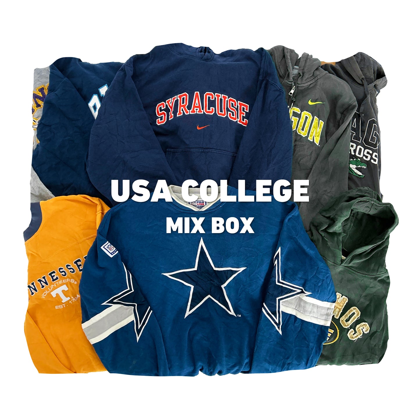 USA College Mix Box | Vintagebulk met diverse vintage college sweaters zoals Syracuse, Tennessee en Cowboys. Perfect voor groothandel vintage kleding.