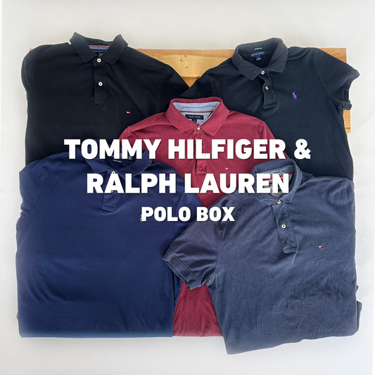 Mix van vintage Tommy Hilfiger en Ralph Lauren polo's in een bulk box voor kleding resellers en Vinted verkopers.
