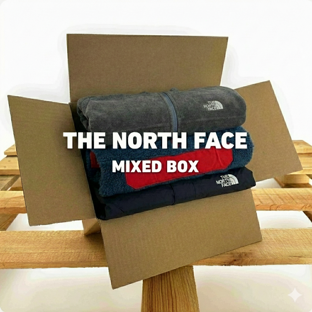 Bulk voorraad The North Face mixed box met vintage fleeces en jassen voor resellers en wholesale inkoop.
