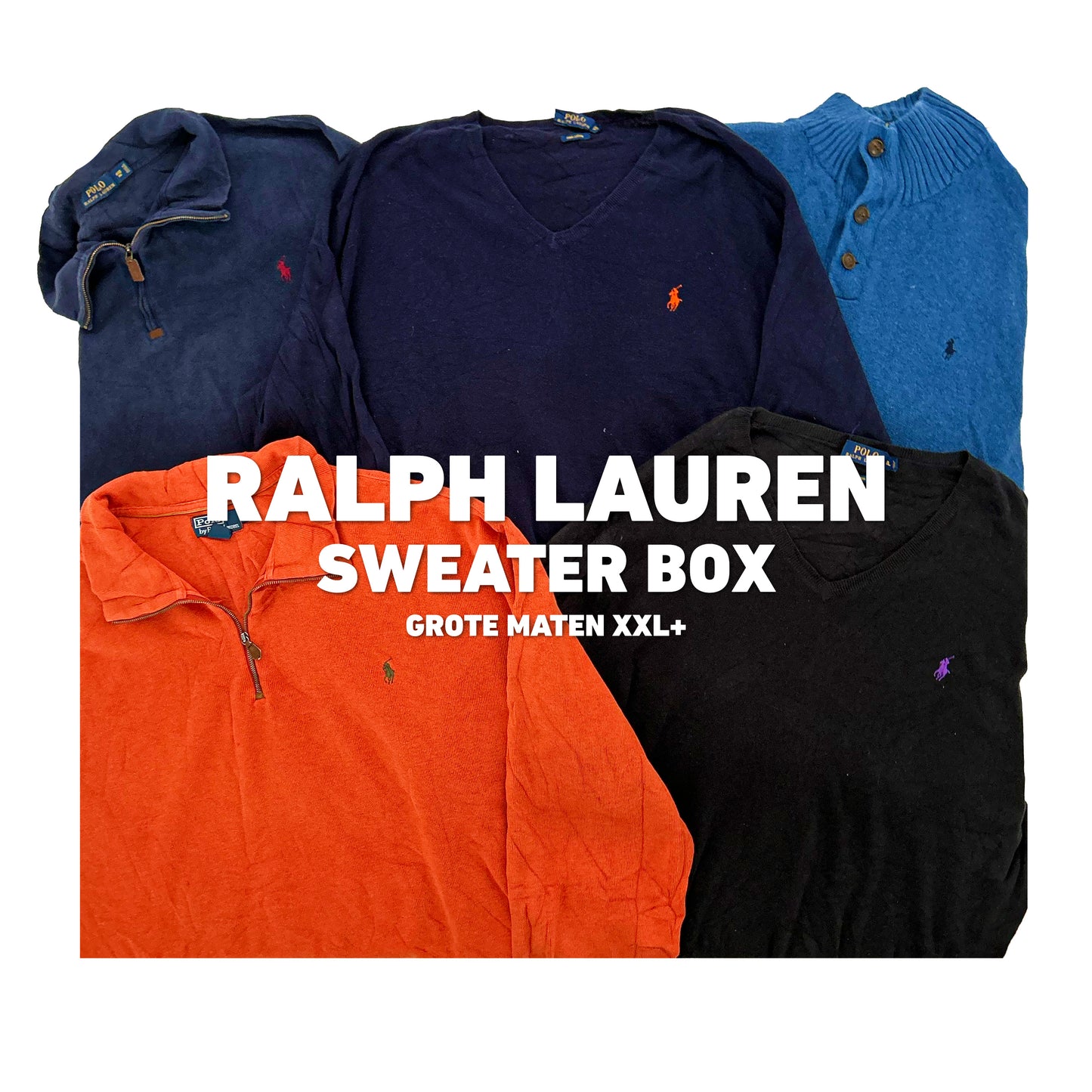Partij vintage Ralph Lauren truien in grote maten voor resellers, inclusief XXL en grotere modellen in diverse kleuren zoals oranje, navy en zwart.
