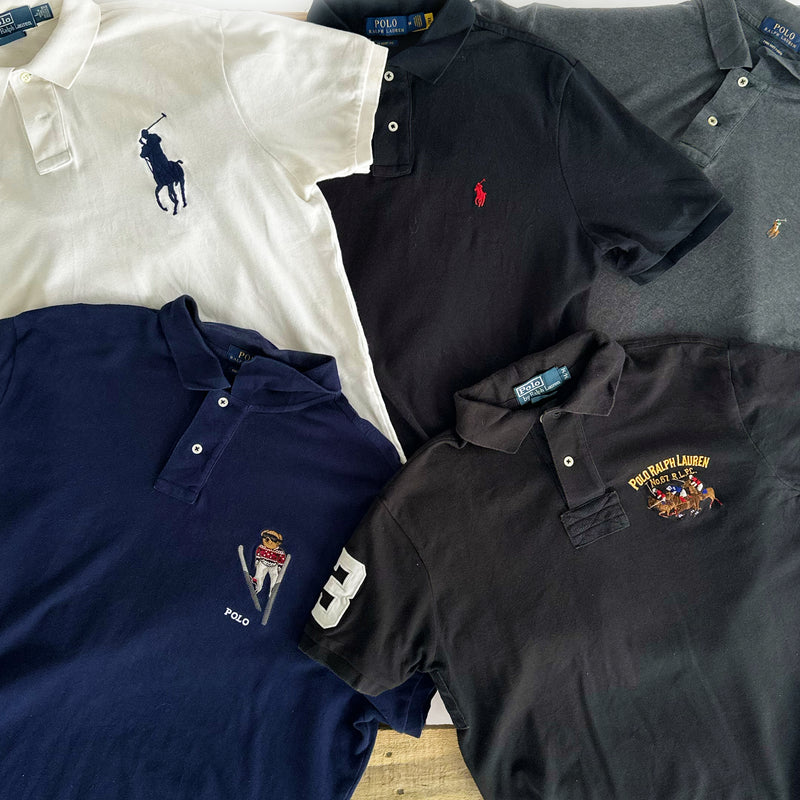 High-end vintage Ralph Lauren polo mix voor resellers, inclusief zeldzame Polo Bear en Big Pony modellen voor premium prijzen op Vinted.